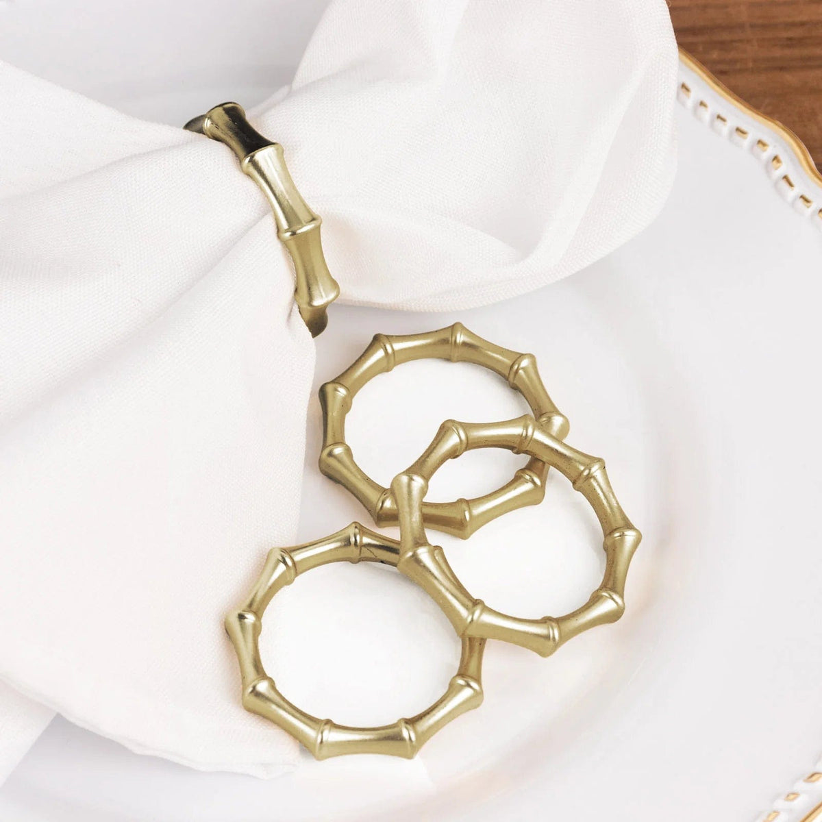 4 Gold 2 Round Metal Dinner Napkin Rings with Bamboo Knuckle Design ...