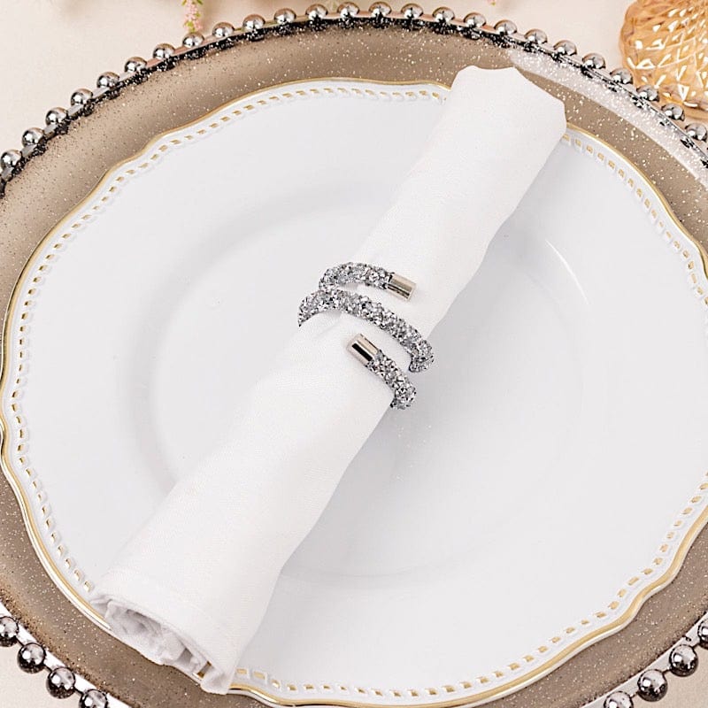 4 Round Metal Napkin Rings with Faux Pearls and Rhinestones - Silver
