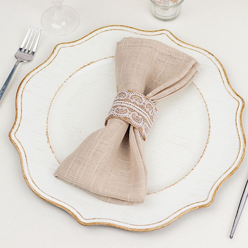 4 Round Wooden Napkin Rings with Beaded Woven Jute Tassels - Cream