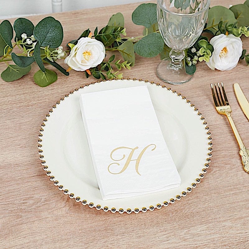 100 White Dinner Paper Napkins with Gold Foil Letter Design