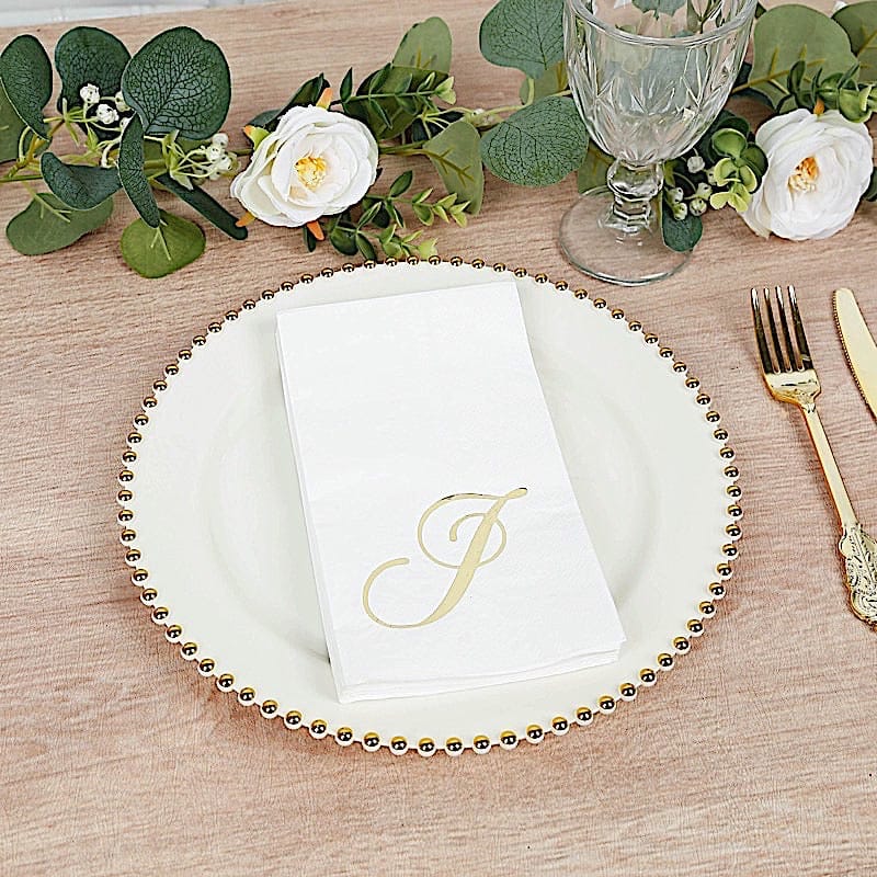 100 White Dinner Paper Napkins with Gold Foil Letter Design
