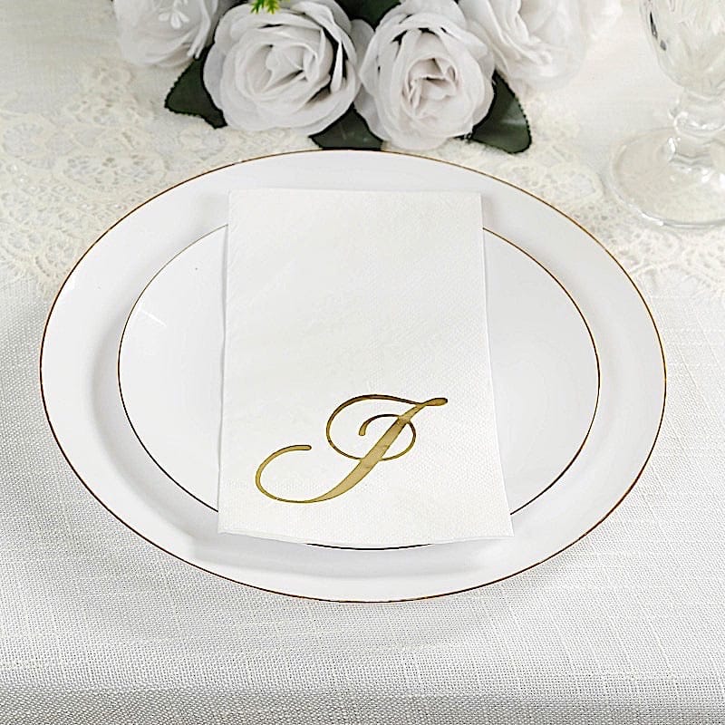 100 White Dinner Paper Napkins with Gold Foil Letter Design