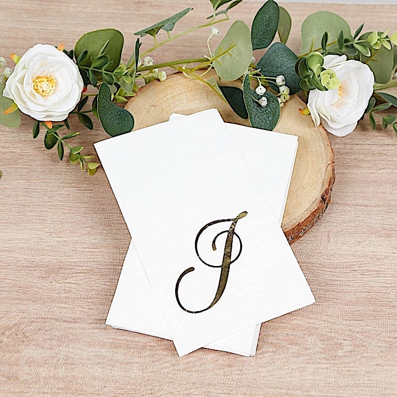 100 White Dinner Paper Napkins with Gold Foil Letter Design