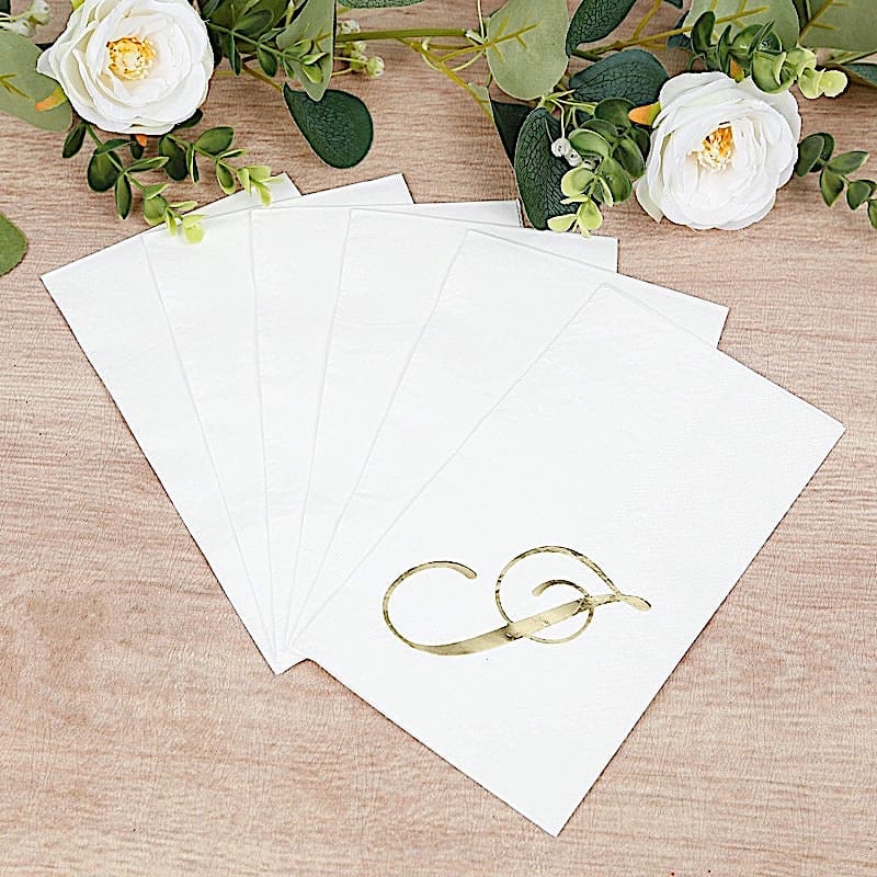 100 White Dinner Paper Napkins with Gold Foil Letter Design