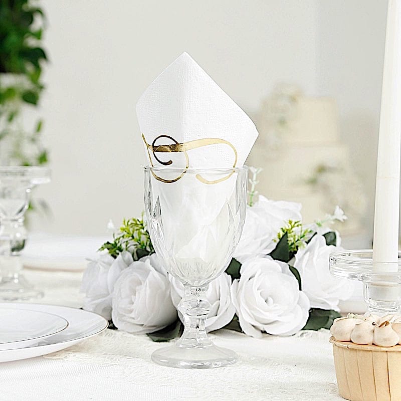 100 White Dinner Paper Napkins with Gold Foil Letter Design
