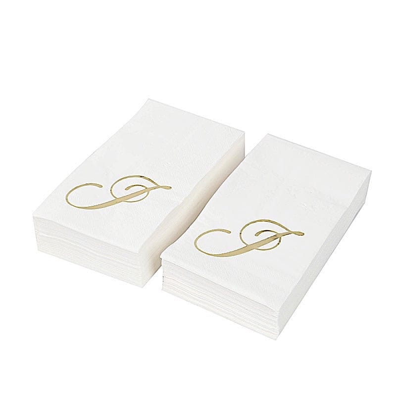 100 White Dinner Paper Napkins with Gold Foil Letter Design