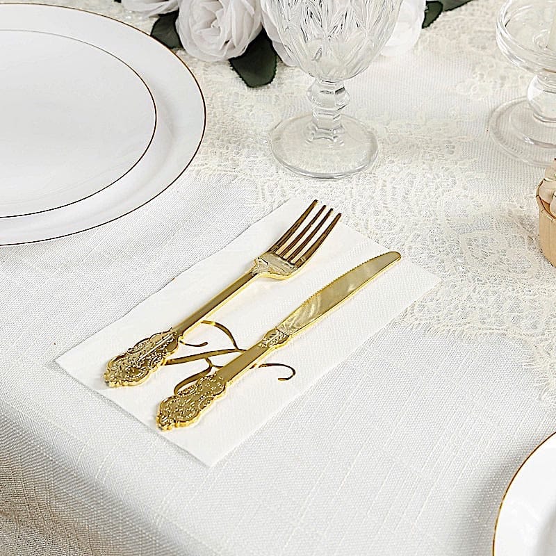 100 White Dinner Paper Napkins with Gold Foil Letter Design