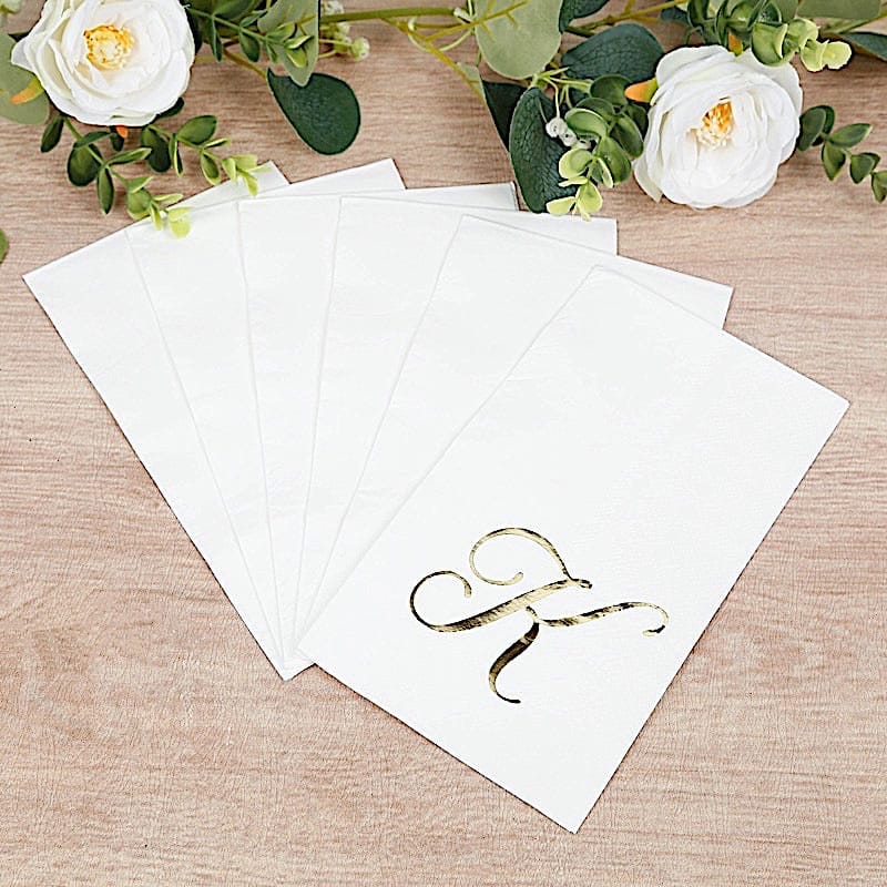100 White Dinner Paper Napkins with Gold Foil Letter Design
