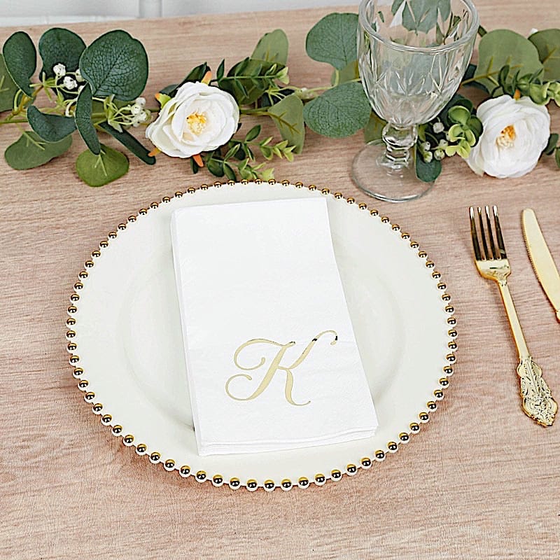 100 White Dinner Paper Napkins with Gold Foil Letter Design
