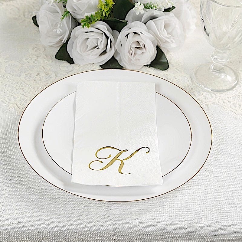 100 White Dinner Paper Napkins with Gold Foil Letter Design