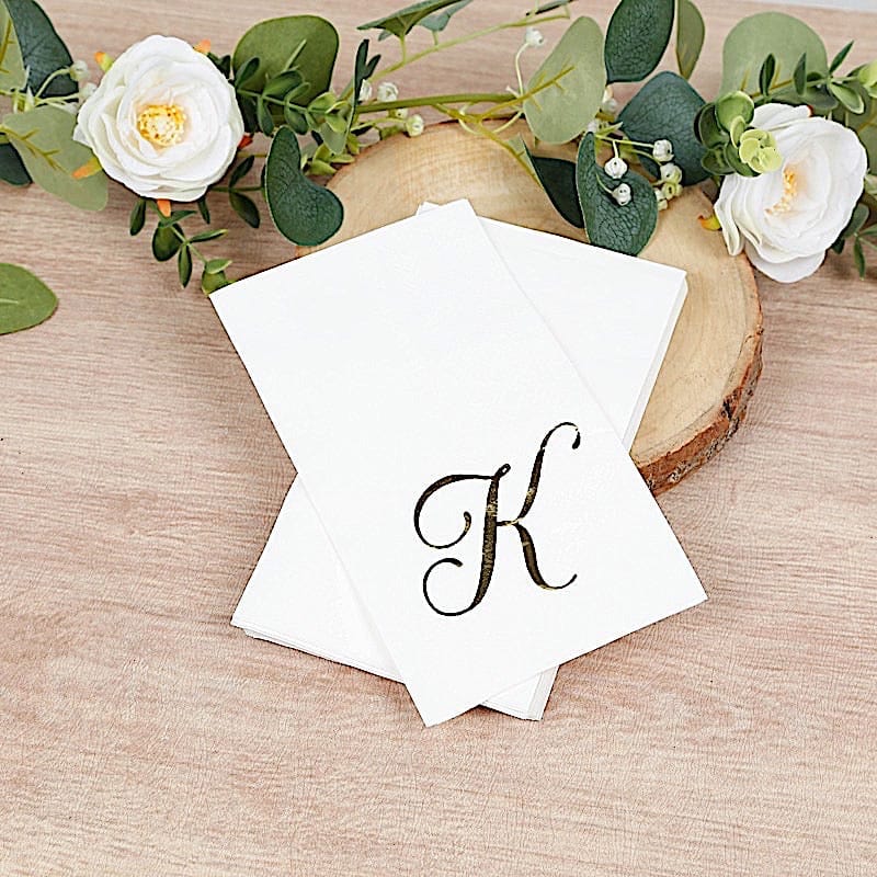 100 White Dinner Paper Napkins with Gold Foil Letter Design