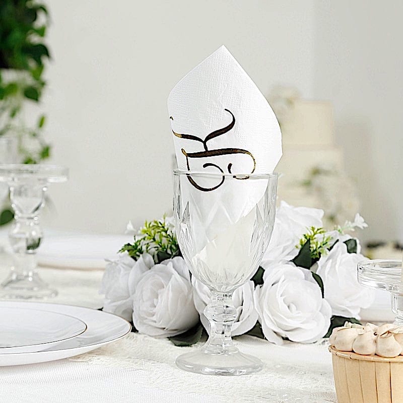 100 White Dinner Paper Napkins with Gold Foil Letter Design