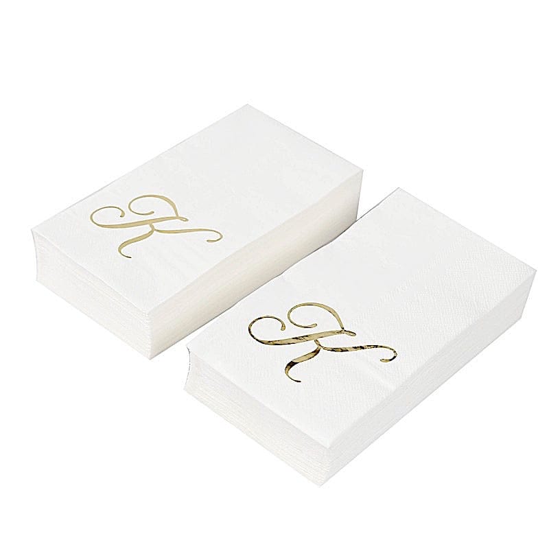 100 White Dinner Paper Napkins with Gold Foil Letter Design
