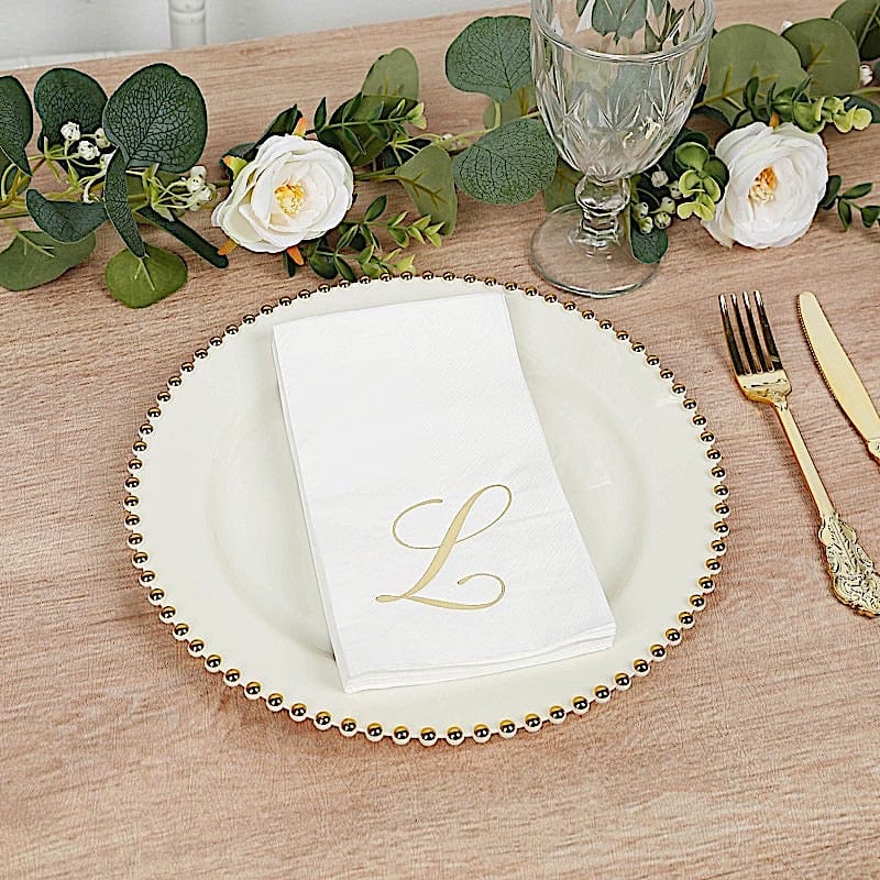 100 White Dinner Paper Napkins with Gold Foil Letter Design