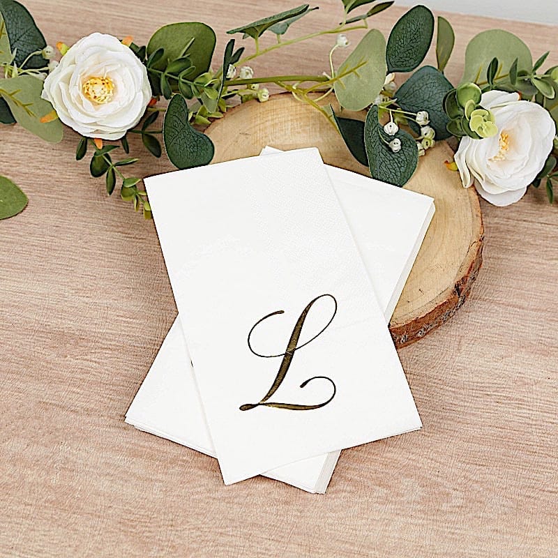 100 White Dinner Paper Napkins with Gold Foil Letter Design