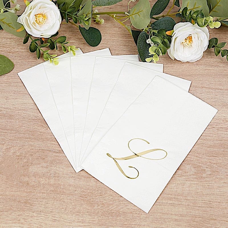 100 White Dinner Paper Napkins with Gold Foil Letter Design