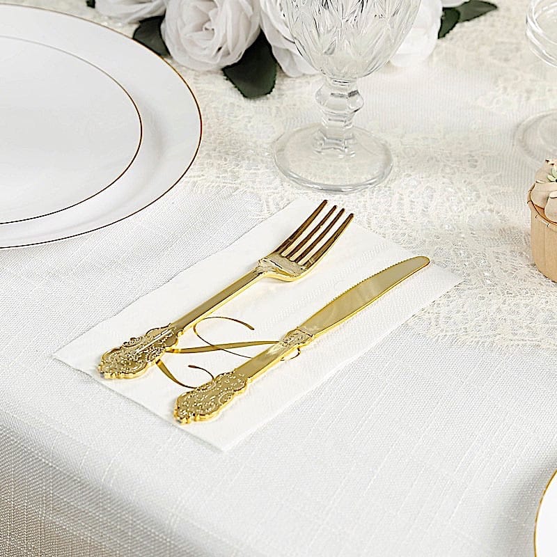 100 White Dinner Paper Napkins with Gold Foil Letter Design