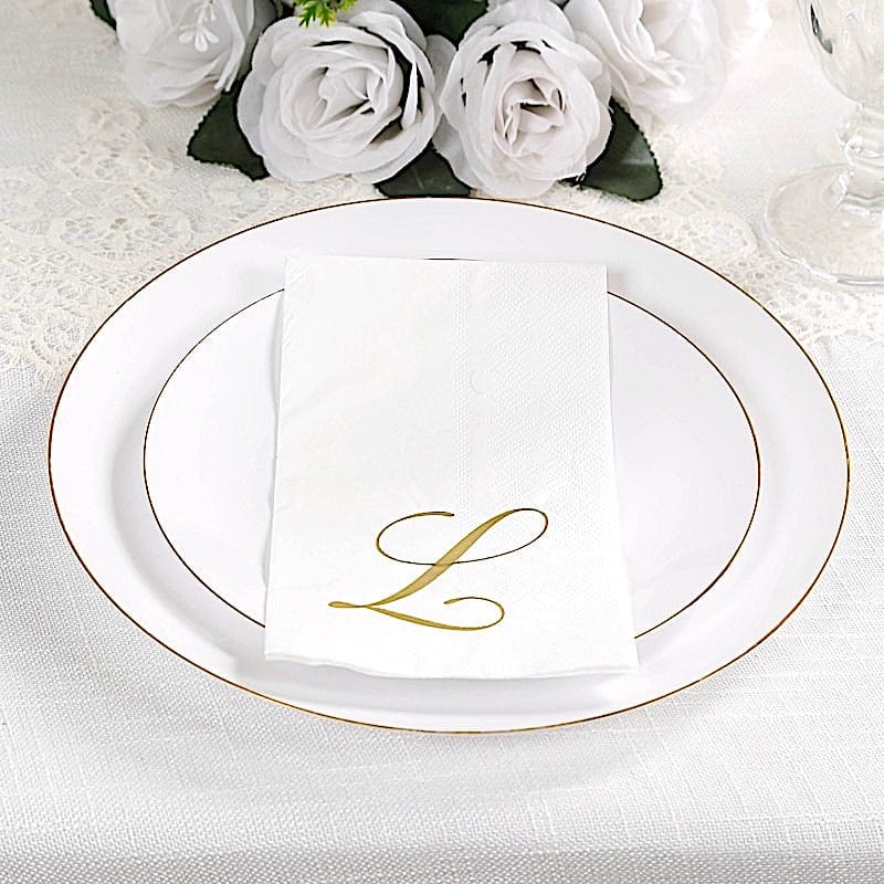 100 White Dinner Paper Napkins with Gold Foil Letter Design