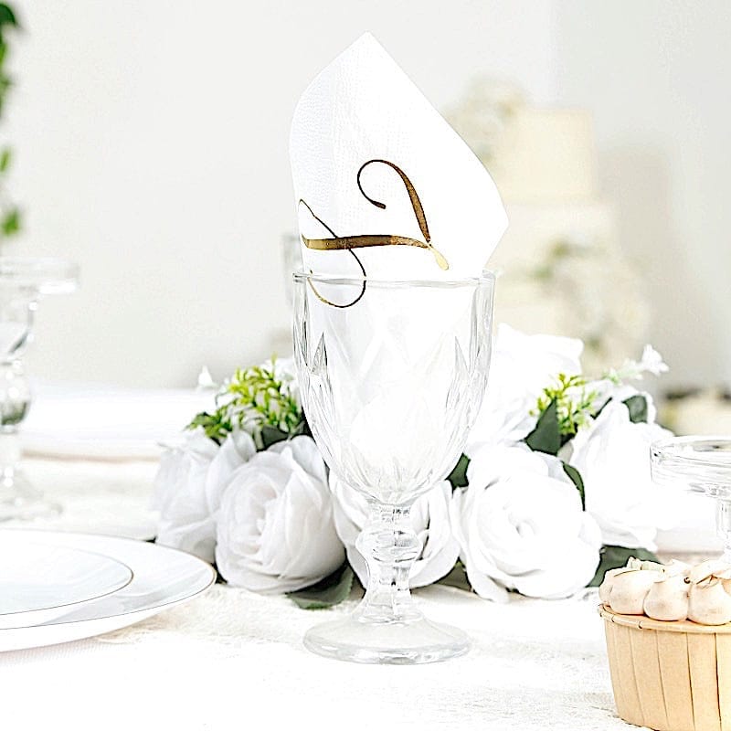 100 White Dinner Paper Napkins with Gold Foil Letter Design