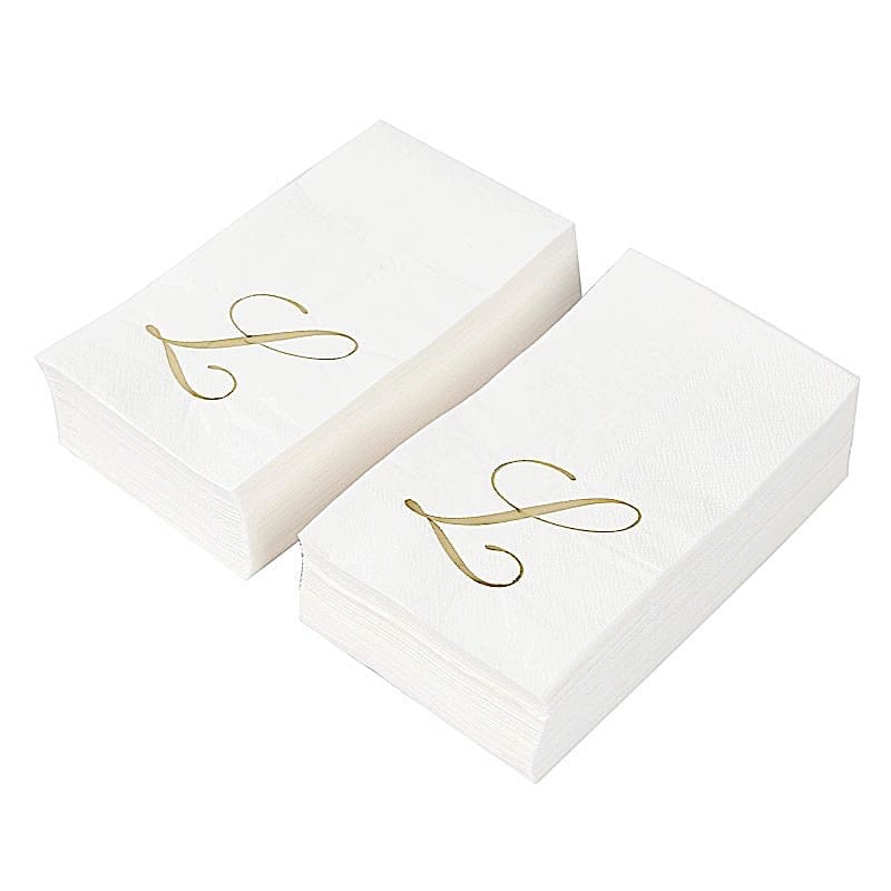 100 White Dinner Paper Napkins with Gold Foil Letter Design