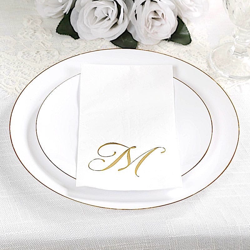 100 White Dinner Paper Napkins with Gold Foil Letter Design