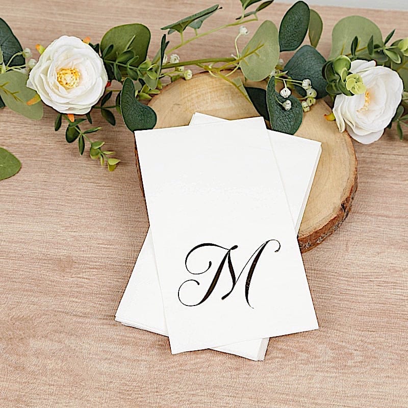 100 White Dinner Paper Napkins with Gold Foil Letter Design