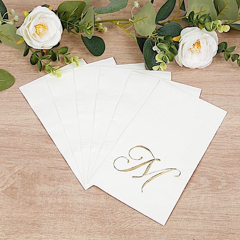 100 White Dinner Paper Napkins with Gold Foil Letter Design