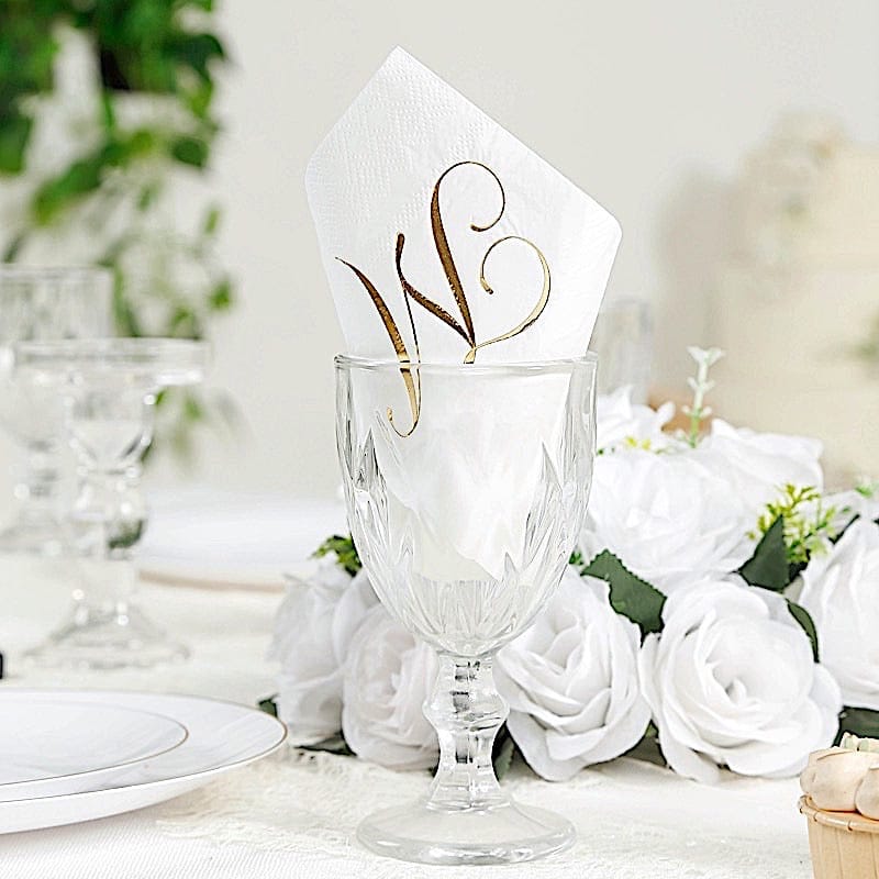 100 White Dinner Paper Napkins with Gold Foil Letter Design