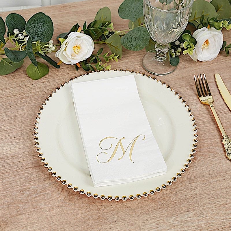 100 White Dinner Paper Napkins with Gold Foil Letter Design