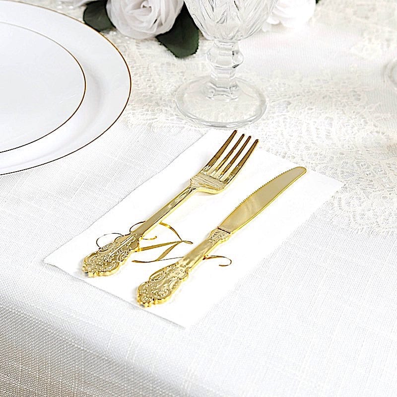100 White Dinner Paper Napkins with Gold Foil Letter Design
