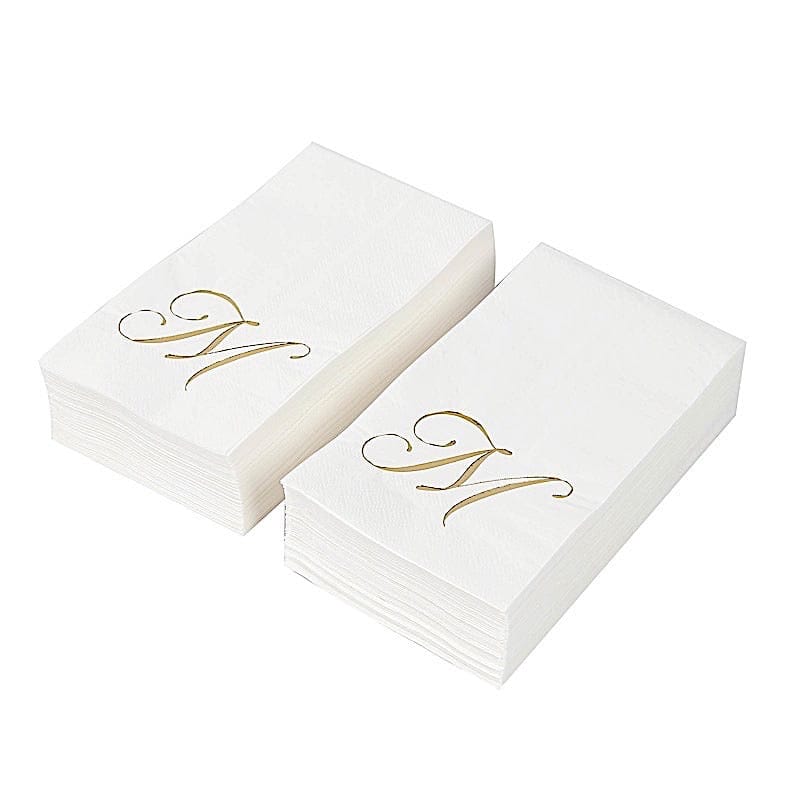 100 White Dinner Paper Napkins with Gold Foil Letter Design