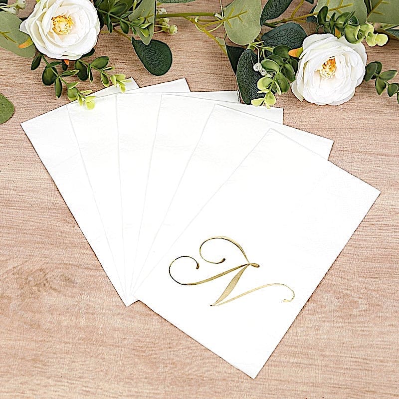 100 White Dinner Paper Napkins with Gold Foil Letter Design