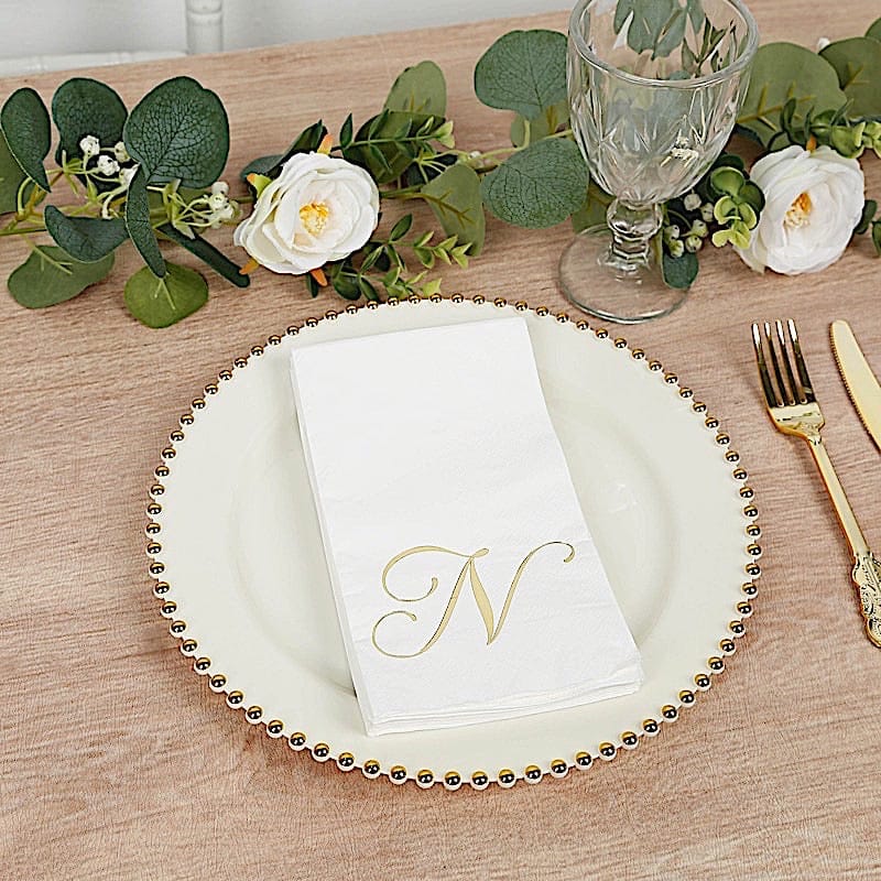 100 White Dinner Paper Napkins with Gold Foil Letter Design