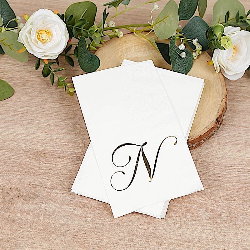 100 White Dinner Paper Napkins with Gold Foil Letter Design