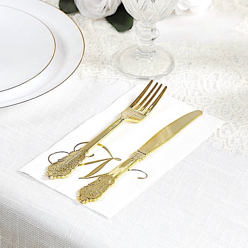 100 White Dinner Paper Napkins with Gold Foil Letter Design