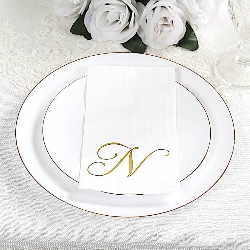 100 White Dinner Paper Napkins with Gold Foil Letter Design