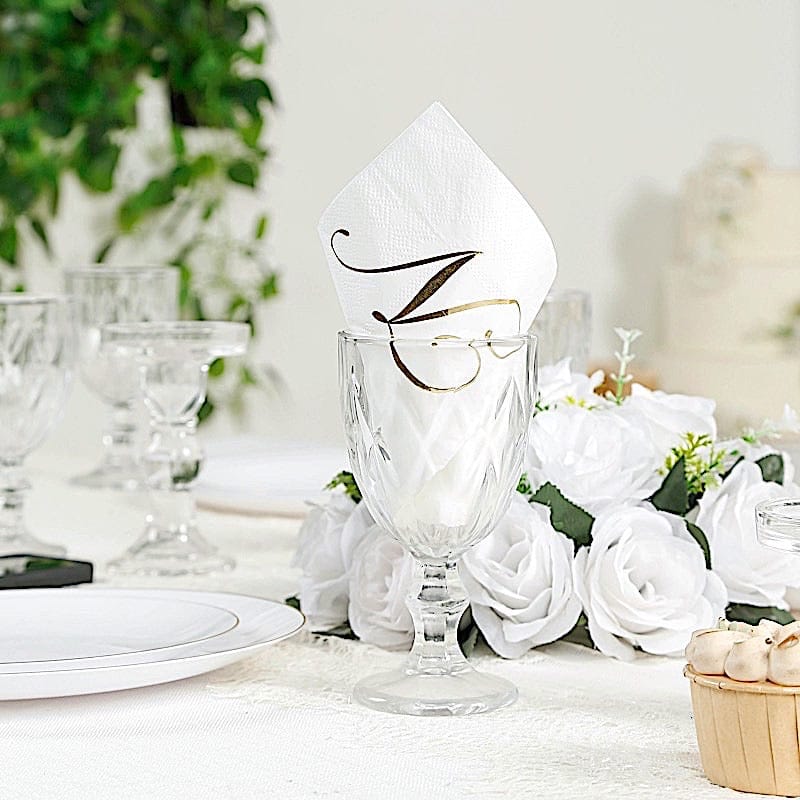 100 White Dinner Paper Napkins with Gold Foil Letter Design