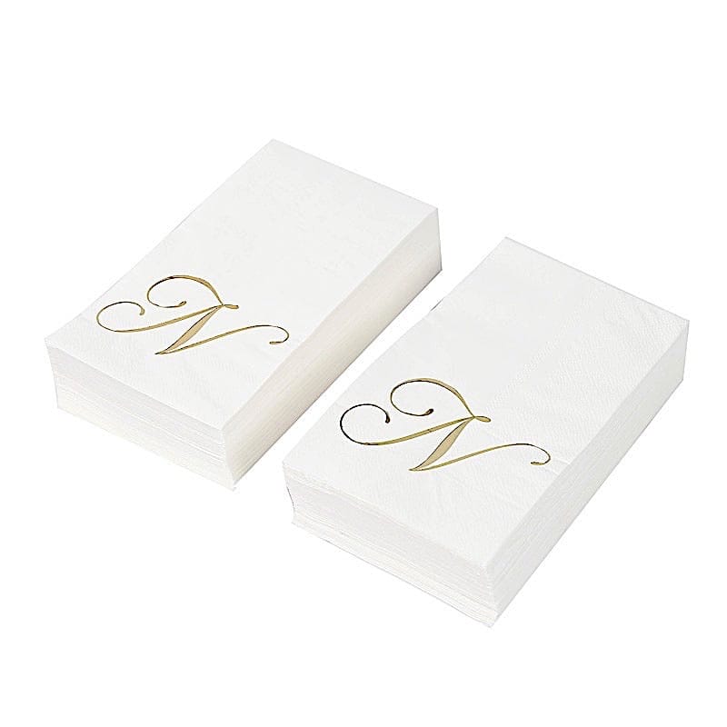 100 White Dinner Paper Napkins with Gold Foil Letter Design