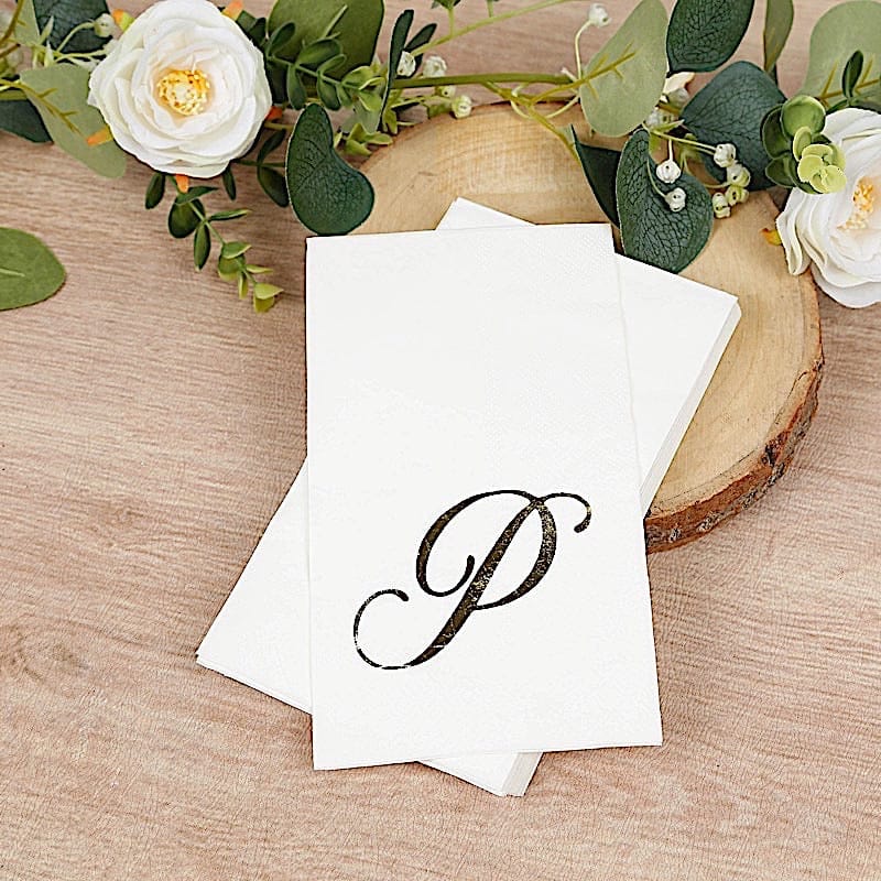 100 White Dinner Paper Napkins with Gold Foil Letter Design