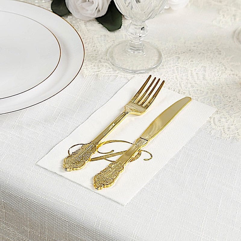 100 White Dinner Paper Napkins with Gold Foil Letter Design