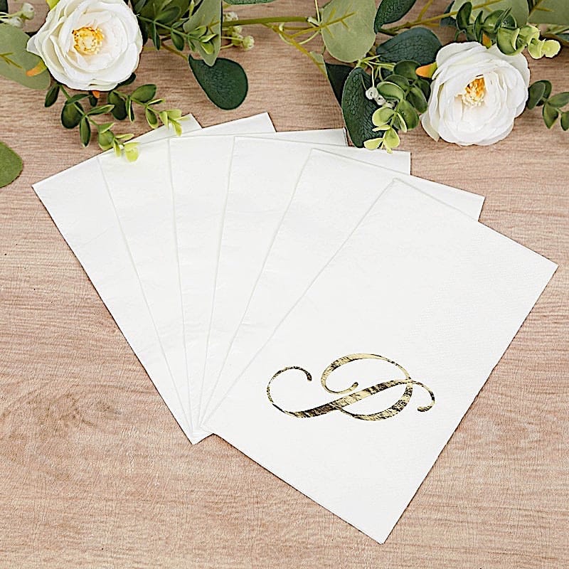 100 White Dinner Paper Napkins with Gold Foil Letter Design