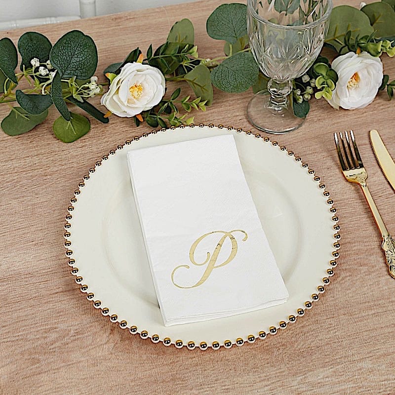 100 White Dinner Paper Napkins with Gold Foil Letter Design