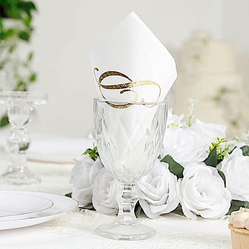 100 White Dinner Paper Napkins with Gold Foil Letter Design