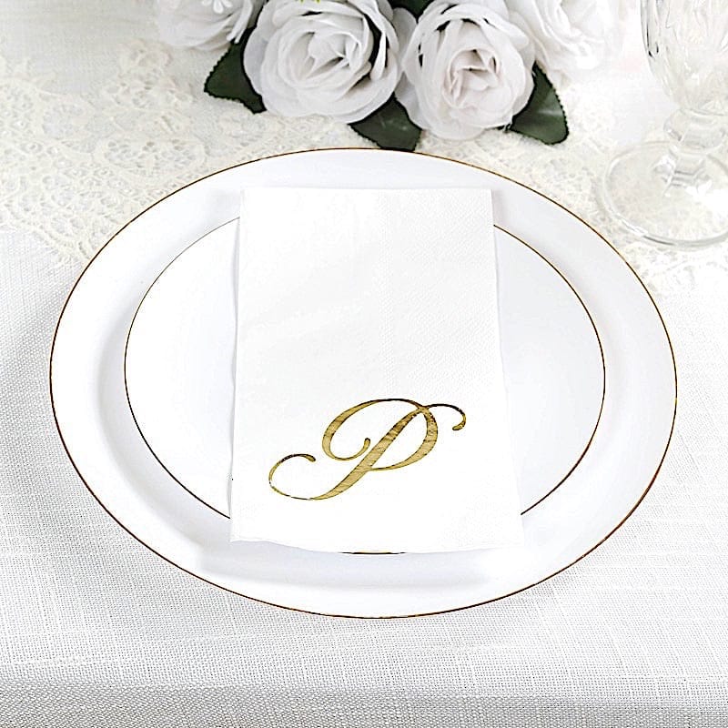 100 White Dinner Paper Napkins with Gold Foil Letter Design
