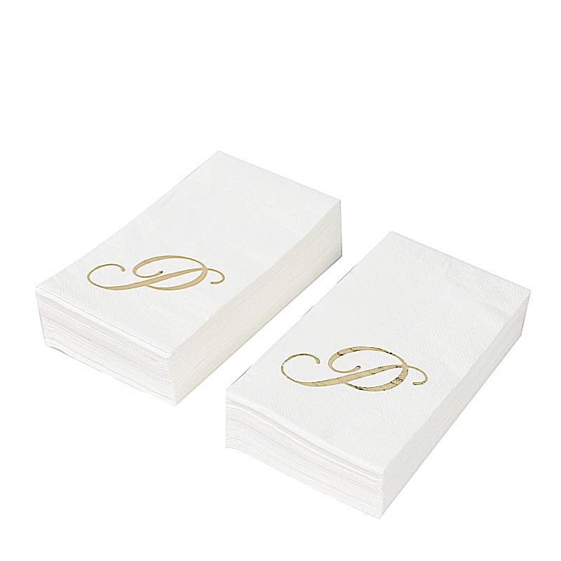 100 White Dinner Paper Napkins with Gold Foil Letter Design