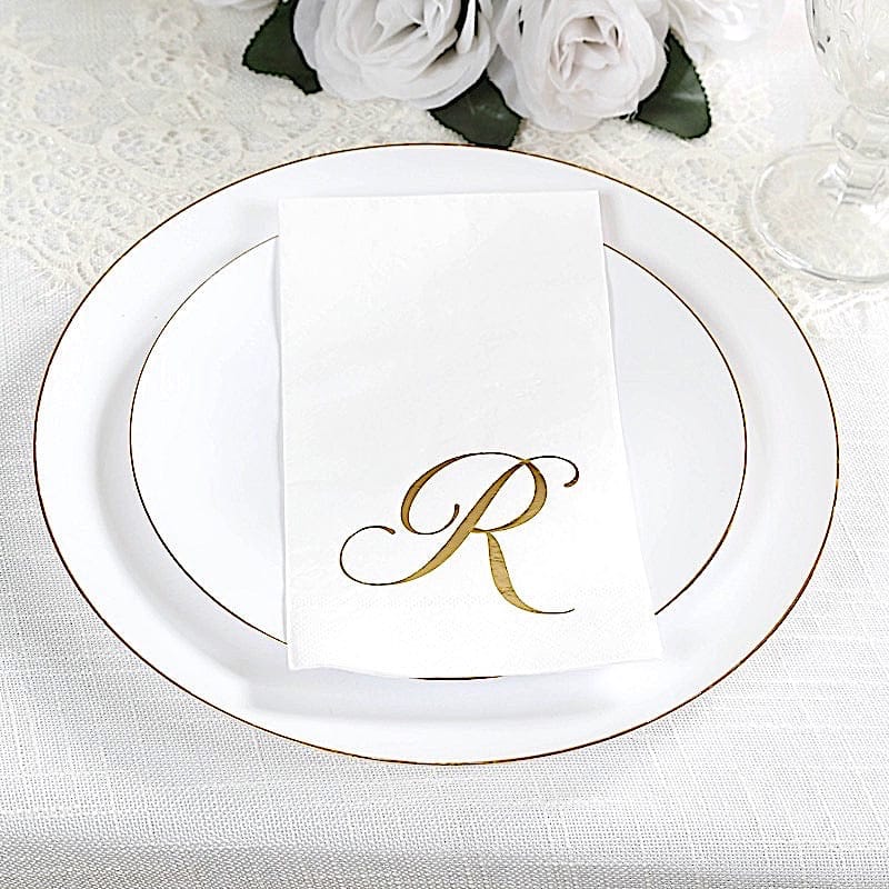 100 White Dinner Paper Napkins with Gold Foil Letter Design