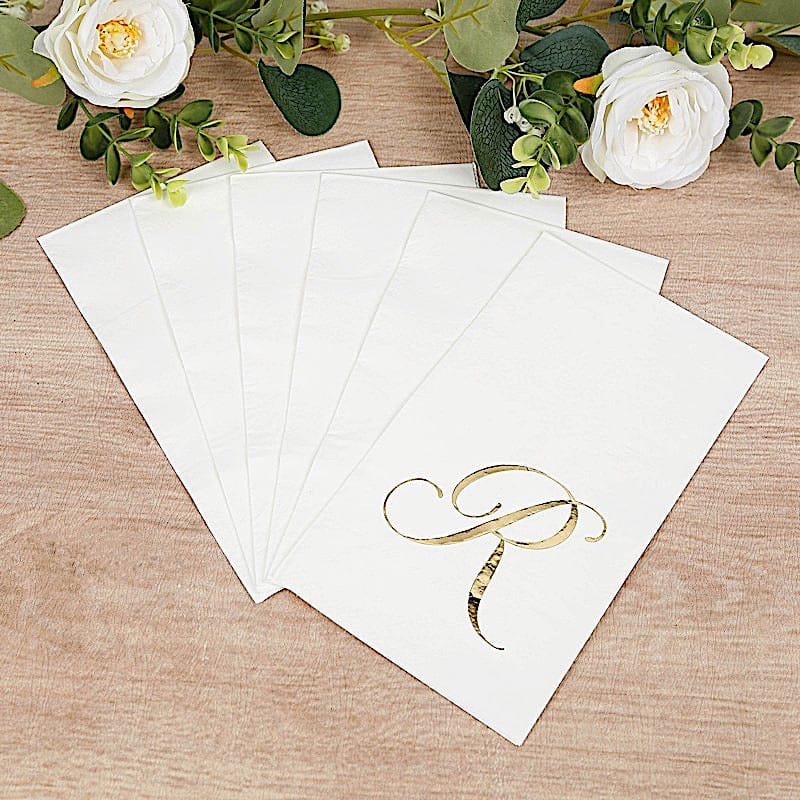 100 White Dinner Paper Napkins with Gold Foil Letter Design