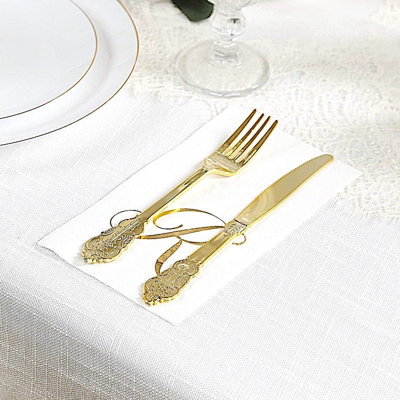 100 White Dinner Paper Napkins with Gold Foil Letter Design