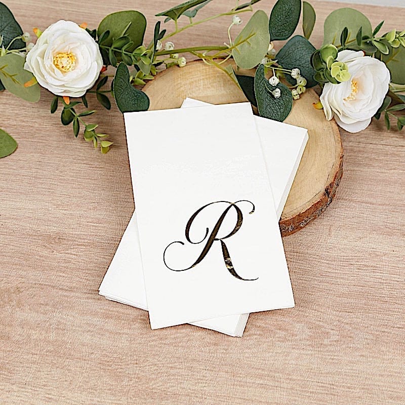 100 White Dinner Paper Napkins with Gold Foil Letter Design