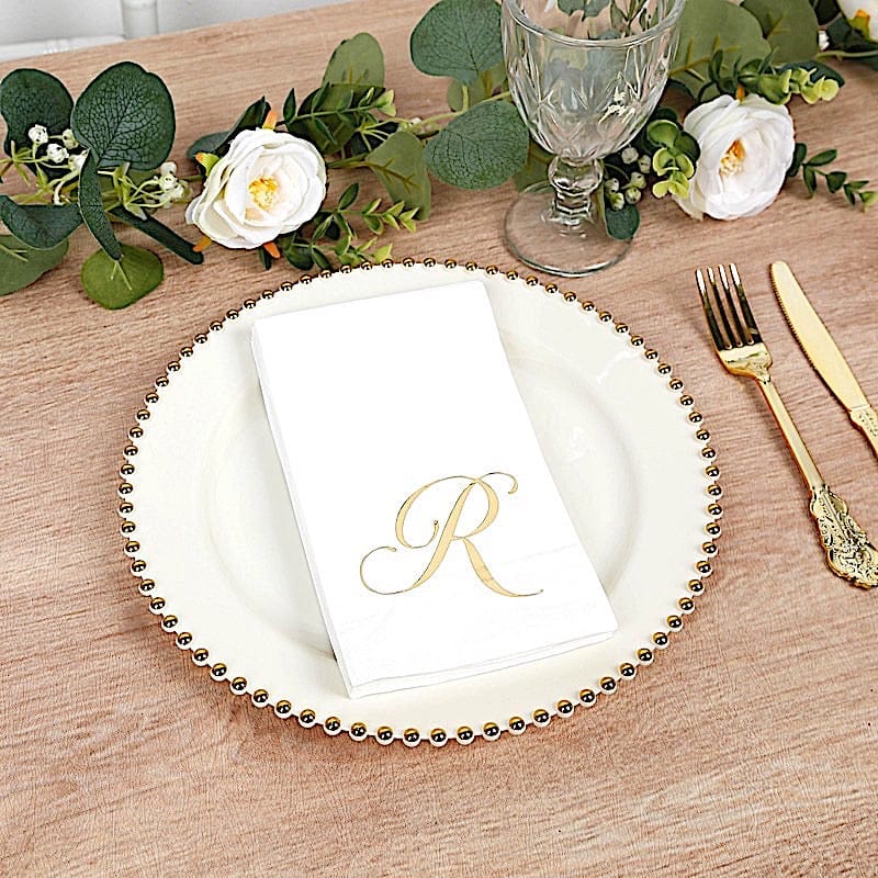 100 White Dinner Paper Napkins with Gold Foil Letter Design